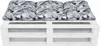 A white wooden pallet bench with a patterned cushion on top, shown against a white background. Produktbild-Vorschau