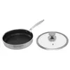 A stainless steel frying pan with a honeycomb pattern inside and a glass lid with a stainless steel handle are displayed on a white background. Náhled obrázku produktu