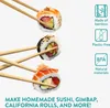 Three sushi rolls are being held by chopsticks, with icons and text describing the product's features on the right side. Produktbild-Vorschau