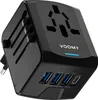 A black universal travel adapter with multiple USB ports and a universal socket on top. Náhled obrázku produktu