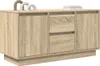 A light brown wooden TV cabinet with two doors and two drawers, placed on a white background. Decorative arched objects are placed on top of the cabinet. Náhled obrázku produktu