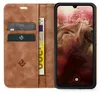 A brown leather flip case for a smartphone, open to reveal the phone screen and card slots. Produktbild-Vorschau