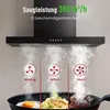 A black range hood is shown above a stovetop with steam rising from cooking food, illustrating different fan speeds. Produktbild-Vorschau