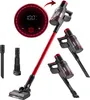 A red and black cordless stick vacuum cleaner is shown with its accessories and a digital display. Voir les images du produit