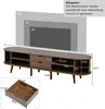 A collage of an oval wooden TV stand with dimensions and diagrams, and a close-up of a drawer. The background shows TV screen sizes. Podgląd zdjęcia produktu