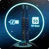 Two electric toothbrushes are displayed in a circular, starry background with icons indicating charging and battery life. Náhled obrázku produktu