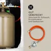 A gas cylinder with a regulator and hose, next to marketing text about storage. Produktbild-Vorschau
