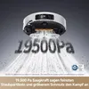 A robot vacuum cleaner is shown from underneath, with a powerful suction effect depicted by dust and debris being pulled upwards into the shape of the number '19500Pa'. Produktbild-Vorschau