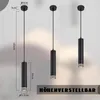 Three black cylinder pendant lights are shown against a light gray background, with dimensions and features indicated. Anteprima dell’immagine prodotto