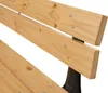 Close-up view of a wooden park bench with black metal legs. Produktbild-Vorschau
