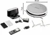 A collage of a robot vacuum cleaner and its accessories, including a charging dock, remote control, power adapter, extra filters, and side brushes. Dimensions are indicated on the image. Anteprima dell’immagine prodotto