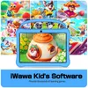 A collage of cartoon images depicting children's games and a blue tablet with a cartoon scene on its screen, set against a white and light blue background. Produktbild-Vorschau