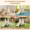 A collage of four images showing a wooden climbing frame with a slide, swing, and climbing net in different settings: indoors, a kindergarten, a playground, and a backyard. Podgląd zdjęcia produktu