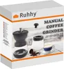 The image shows the packaging of a manual coffee grinder set, featuring a product shot with the grinder, a coffee container, coffee beans, and a cup of coffee. Náhľad obrázku produktu