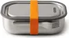 A stainless steel lunch box with a gray silicone seal and an orange elastic band, with a fork visible on the side. Podgląd zdjęcia produktu