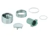 A collection of plumbing parts, including a chrome knob, a chrome ring, a white ring, a gray plastic piece, and a chrome cap, arranged on a white background. Produktbild-Vorschau