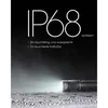 A flashlight is shown on a wet surface with water droplets, emitting a beam of light. Text overlays describe its features. Produktbild-Vorschau