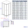 A technical drawing of a shower enclosure with a table of dimensions and specifications. Anteprima dell’immagine prodotto