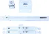 Several white metal parts of a projector mount are laid out on a white background. Produktbild-Vorschau