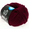 A ball of burgundy yarn with a label wrapped around it. Produktbild-Vorschau