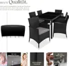 A rattan dining set with chairs and a table, accompanied by marketing text and close-up feature highlights. Náhled obrázku produktu