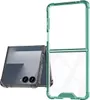 A transparent phone case with teal trim is shown next to a folded smartphone. Produktbild-Vorschau