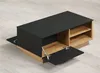 A modern coffee table with a black top and a wood-effect base, shown with its doors open. Voir les images du produit