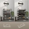 Two side-by-side images showing a black, five-tier shoe rack filled with various shoes, set against a light gray and white background. A decorative clock is on the wall above the shoe racks in both images. Below the shoe racks are diagrams of shoes. Produktbild-Vorschau