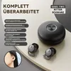 A product image showcasing black in-ear Bluetooth headphones and their charging case, with descriptive text highlighting features and a close-up of a person wearing the headphones. Produktbild-Vorschau