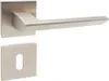A satin nickel door handle set with a square rosette and a keyhole escutcheon, presented against a white background. Produktbild-Vorschau