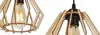 Close-up view of two wooden pendant lamps with exposed bulbs. Voir les images du produit