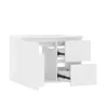 A white bathroom vanity cabinet with drawers and an open compartment, shown against a white background. Produktbild-Vorschau