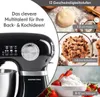 A collage of images showing a black kitchen mixer and different food preparations. Produktbild-Vorschau