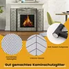 A fireplace screen is shown in front of a fireplace, with close-up details of its mesh and feet. Podgląd zdjęcia produktu