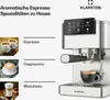 A Klarstein coffee machine is shown with images and text describing different coffee drinks. Produktbild-Vorschau