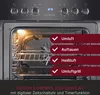 Close-up of an oven interior with illuminated racks and control panel details highlighted with text overlays. Produktbild-Vorschau