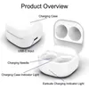 A product overview of a white charging case for earbuds, with labels pointing to different parts. Podgląd zdjęcia produktu