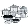 A collection of stainless steel cookware, including pots, pans, and a steamer insert, arranged on a white background. Produktbild-Vorschau