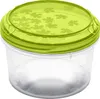 A clear, studio shot of a round, clear plastic food storage container with a bright green lid. Náhľad obrázku produktu