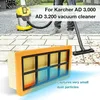 A vacuum cleaner filter is shown in the foreground, with a Kärcher vacuum cleaner and a person using it in the background. Produktbild-Vorschau