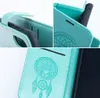 Collage of close-up shots of a teal book-style phone case with a dreamcatcher and owl embossed design. Náhled obrázku produktu