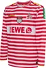 A long-sleeved jersey with red and white horizontal stripes, featuring logos and text. Produktbild-Vorschau