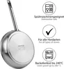 The image shows the underside of a stainless steel frying pan with several icons and text describing its features. Produktbild-Vorschau