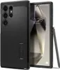 A black phone case with a kickstand is shown next to a smartphone displaying the time and date. Produktbild-Vorschau