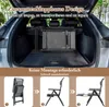 A folded camping chair is shown in the trunk of a car, followed by three steps illustrating how to set up the chair. Produktbild-Vorschau