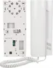 A white analog intercom unit shown from the front and back, with its coiled cord. Produktbild-Vorschau