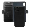 A black leather flip case for an iPhone 11 Pro is shown open, revealing card slots on the left and the phone secured in the case on the right. Voir les images du produit
