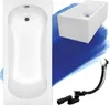 A white bathtub and its accessories are displayed against a blue background. Produktbild-Vorschau