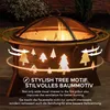 A fire pit with a tree motif, showing airflow and text descriptions. Produktbild-Vorschau