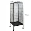 A tall, black bird cage with wheels and multiple shelves, shown against a white background with dimensions indicated by text. Náhled obrázku produktu